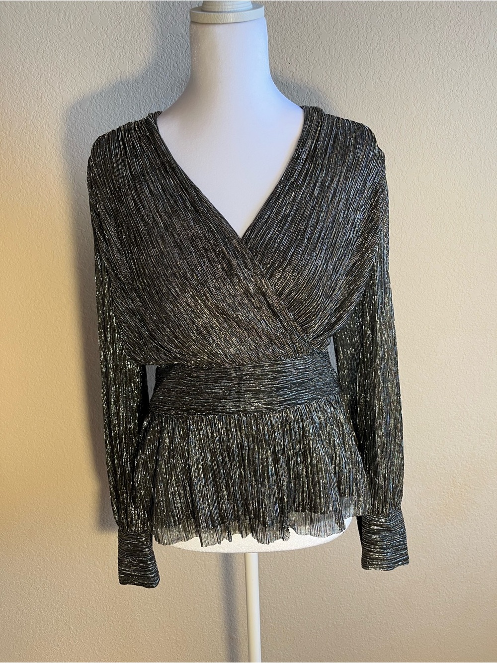 The Kooples Metallic Silver-Black Wrap Peplum Blouse NWT
